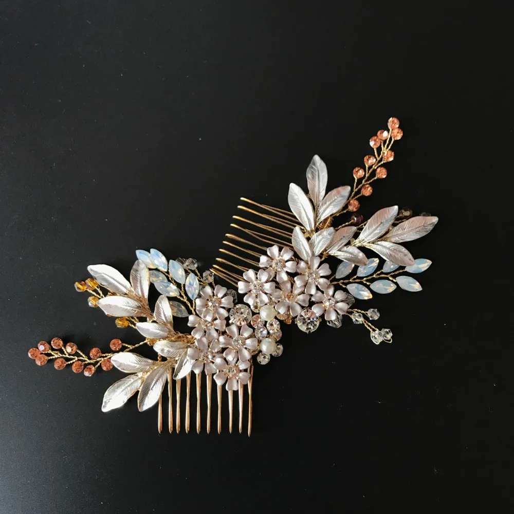 

Handmade Gold Leaf Bridal Hair Comb Set Handmade Bridal Headpiece Rhinestone Beaded Wedding Hair Accessories 2017