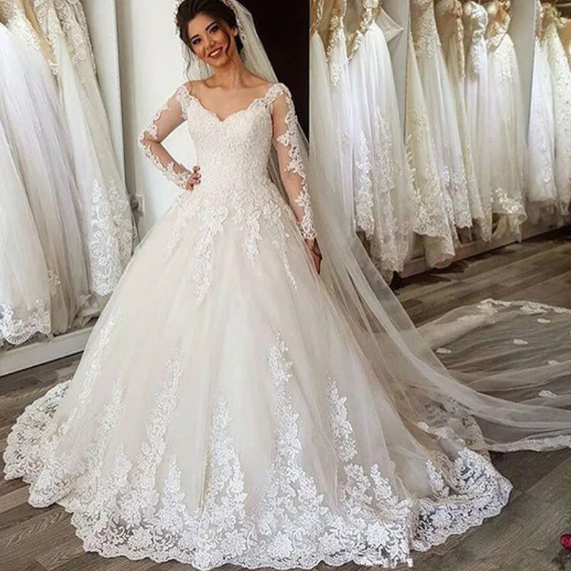 

Vestido de Noiva 2019, бальное платье, свадебное платье, длинный рукав, v-образный вырез, кружево, расшитое бисером, свадебное платье, Trouwjurk Robe De Mariee