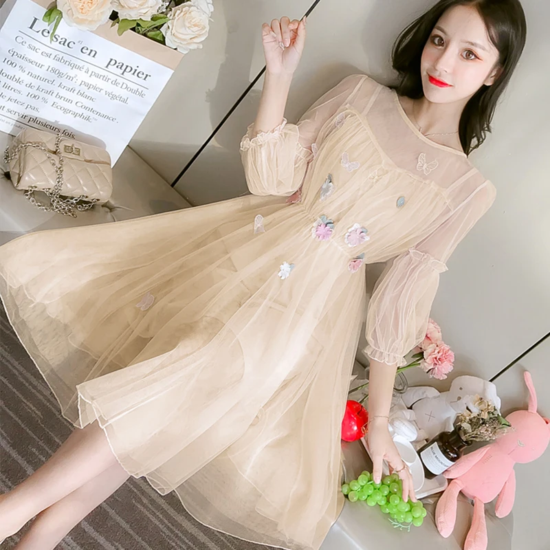 Summer Lantern Sleeve Tulle Fairy Dress Female Flower Mesh Midi Dresses Elegant Vestidos Women Embroidery Butterfly Party | Женская