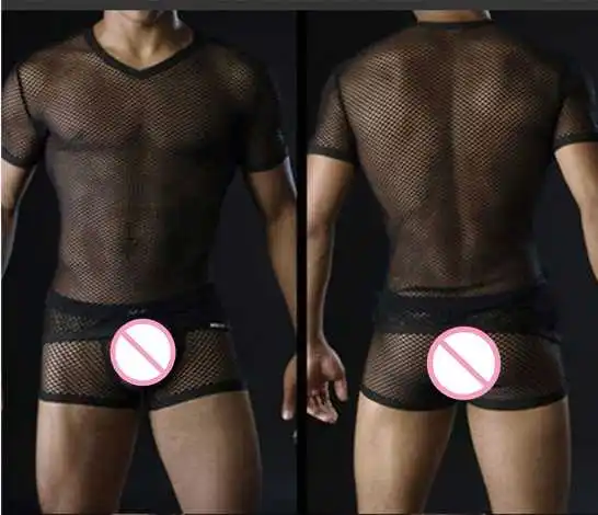 

Mens short sleeve sexy transparent Big mesh breathable T shirts and Boxers Sets fashion nightclub performance clothings