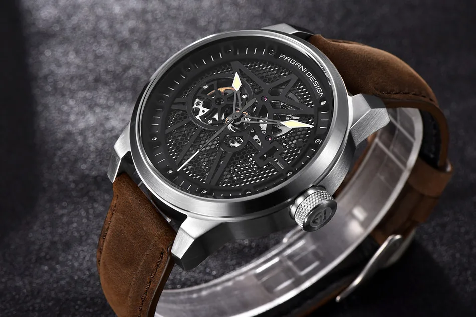 Механические часы Pagani Skeleton Tourbillon, Мужские Автоматические классические кожаные водонепроницаемые наручные часы, мужские часы, подарок