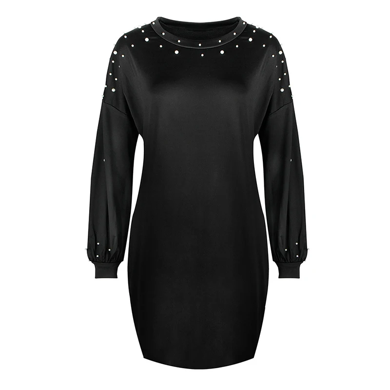 

Pearls Beading Pullover Dress Women Lantern Sleeve Casual Loose Dress Nice Spring Black Red Dresses Robe Femme Vestidos Mujer