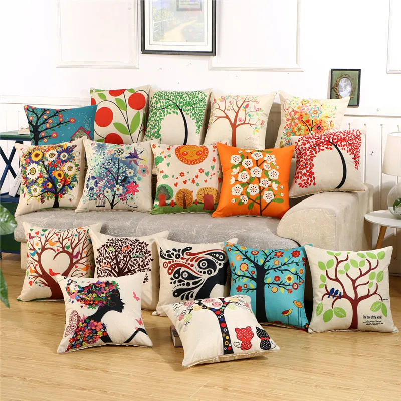 

Hap-Deer Sofa Decorative Pillow Linen Cushions Cover For Car Fashion Flower Almofadas Vintage New Staly Tree Pillowcase No Fill