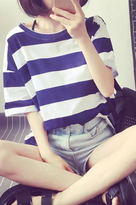 Женские футболки в полоску стиле Харадзюку Женская свободная футболка модная