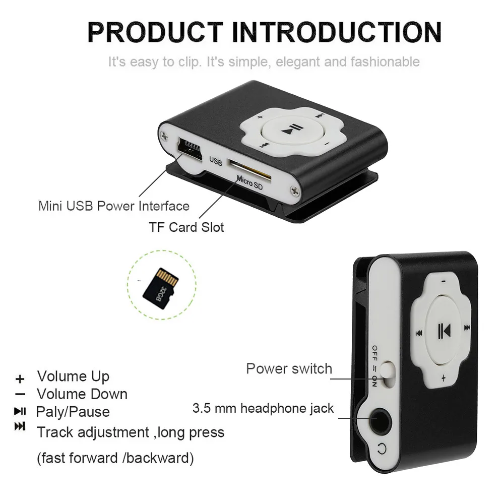 Мини Портативный USB MP3 плеер поддержка Micro SD TF карты 32 ГБ спортивный музыкальный