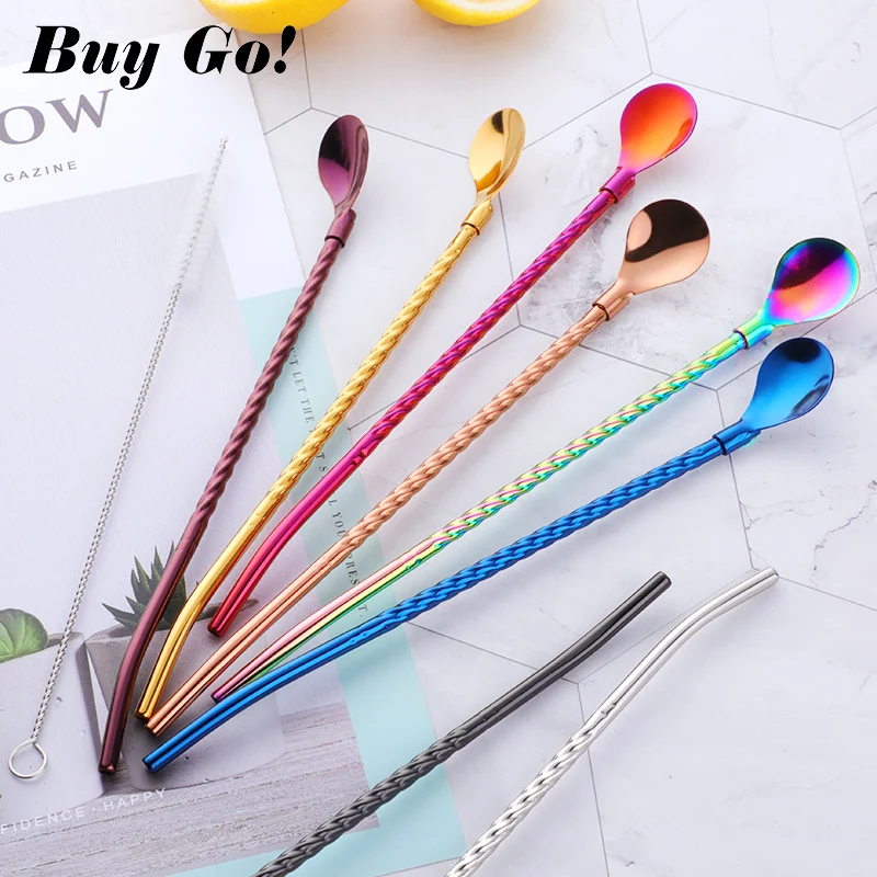 

2PCS Long Twisted Straw Spoon Portable Gold Tea Scoop Reusable Colored Stainless Steel Straws Cocktail Coffee Stirring Spoon