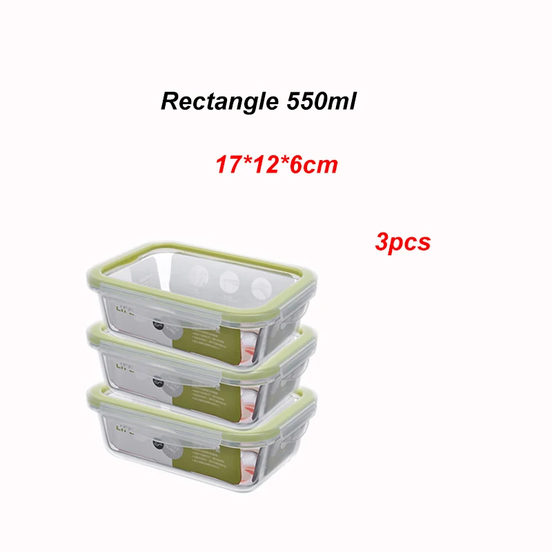 550ML 3PCS Стеклянный контейнер для завтрака, контейнер для хранения еды, без бисфенола, герметичные крышки - Цвет: 550ML 3PCS