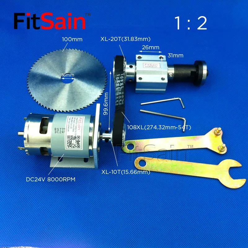 

FitSain-DC24V 8000RPM Mini table saw for 4" saw blade 100mm hole 16mm/20mm XL 10T 20T teeth spindle aluminum alloy Pulley 1 : 2