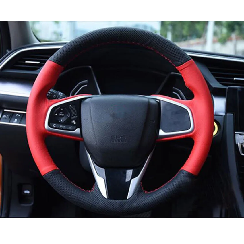 

For Honda Civic 10th 2016 2017 2018 Car Hand Sewing Leather Steering Wheel Cover Car Styling Accessories Black and Red