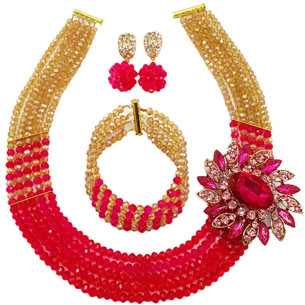 Модный Золотой AB фуксия розовый Кристалл бисера ожерелье нигерийские Свадебные