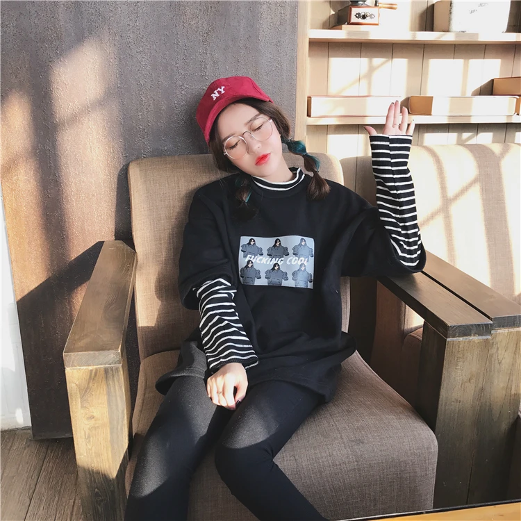YouGeMan корейский стиль Ulzzang Harajuku полосатый лоскутный Поддельные 2 шт. толстовки для женщин с длинным рукавом Толстовка
