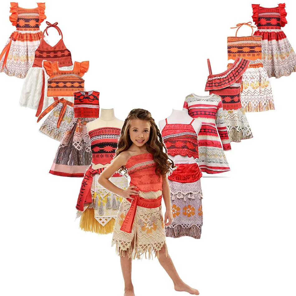Girls Summer Moana Cosplay Dress Children Dress Up Costumes Fancy Outfits For Baby GIrl Beach Dress For Holiday Moana Acessories