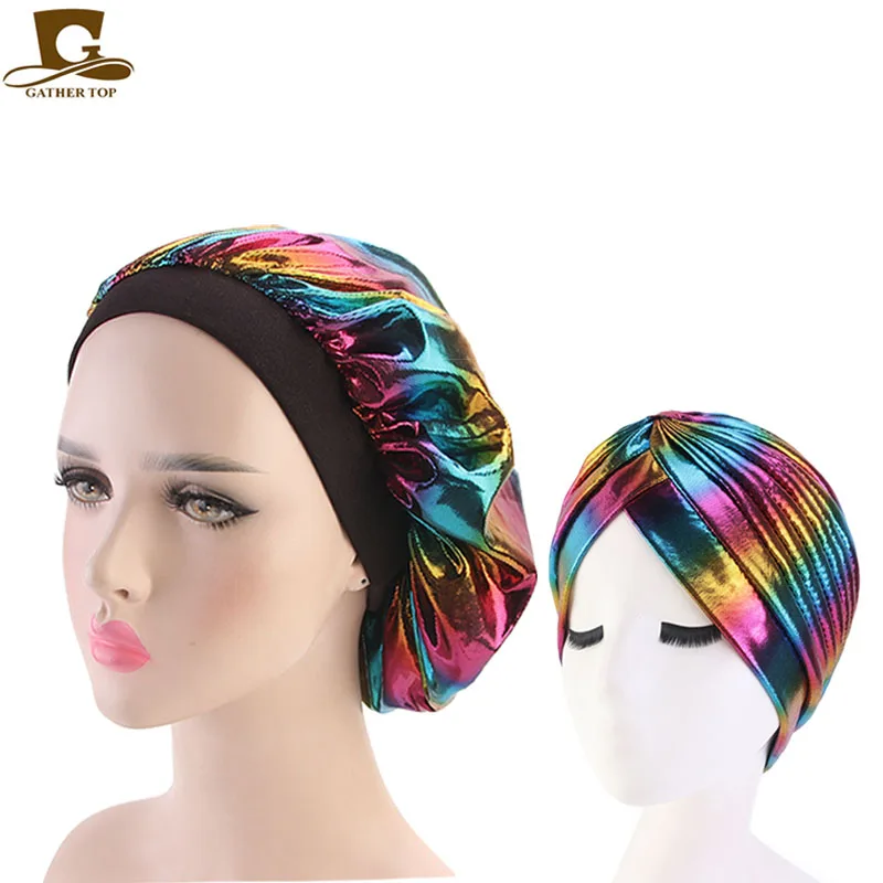 

Colorful Women Bonnet Laser Comfortable Hair Cover Breathable Turban 2pcs/sets