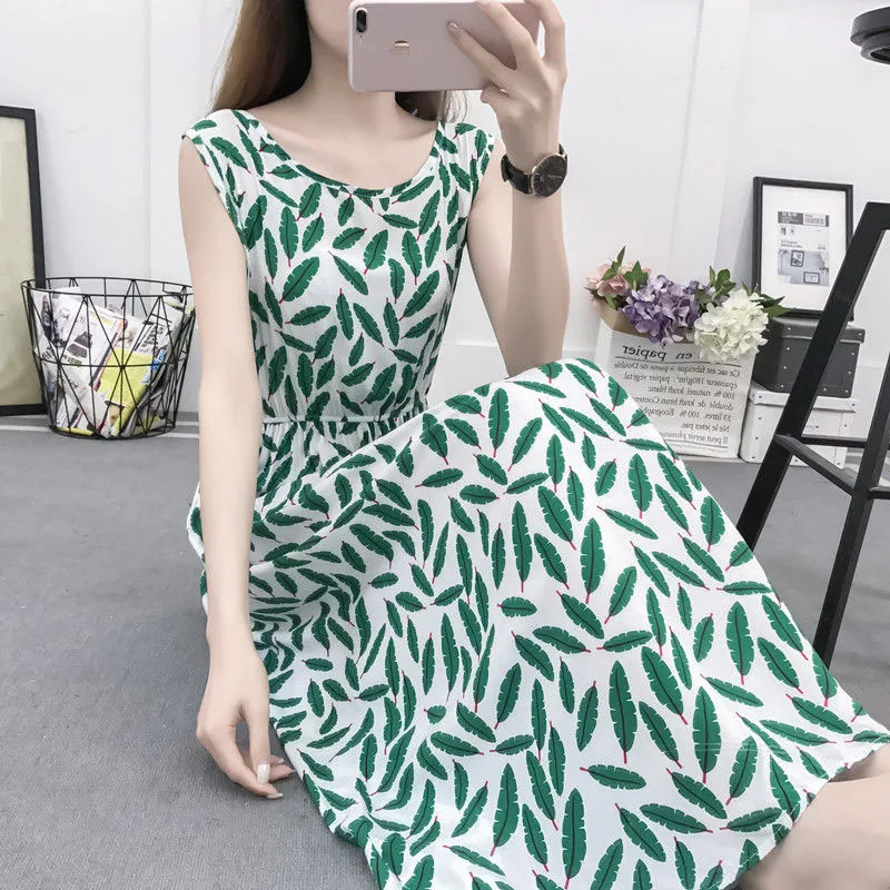 Летнее платье без рукавов с круглым вырезом повседневное женское винтажные