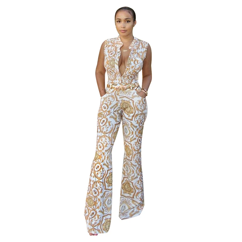 Широкий комбинезон 2019 летний глубокий v-образный вырез желтый принт без рукавов