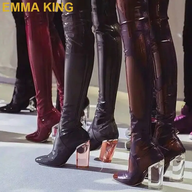 Пикантные высокие сапоги из лакированной кожи Женские Сапоги выше колена Зимние