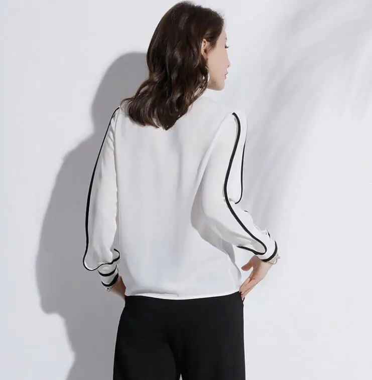 Весна Для женщин с бантом одежда длинным рукавом Slim Fit белый Шифоновая блузка