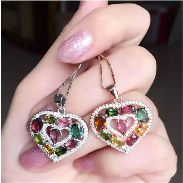 

Natural tourmaline charms pendant Heart Style For your Love Girl Free shipping 925 sterling silver Fine jewelry gems