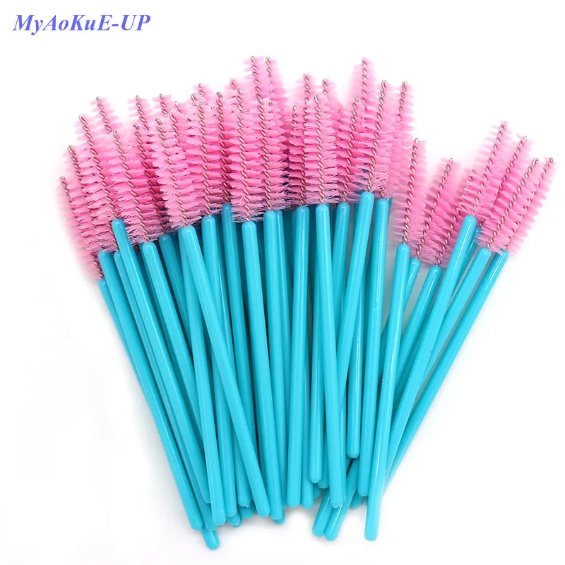 

New Arrived 200pcs Blue Handle Pink Brushes Top Quality Nylon Disposable Mascara Wands Lashes Makeup Brushes Eyelash Extension