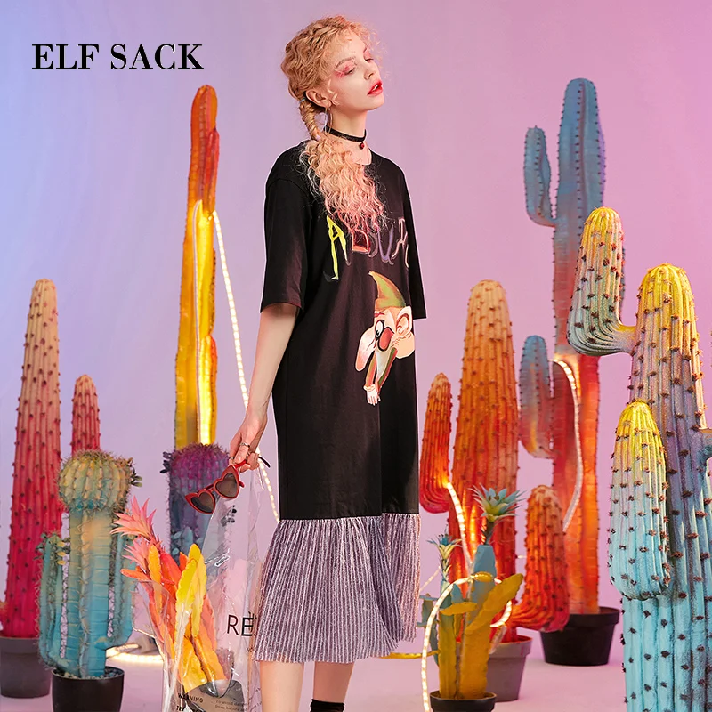ELFSACK, новинка, хлопковое женское платье, уличная одежда, с буквенным принтом, с круглым вырезом, до середины икры, женские вечерние платья, стильные, со средней талией, Femme Vestidos