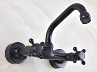 black brass wall mounted basin faucet 360 degree swivel spout bathroom sink faucet double hot cold handle mixer tap knf811