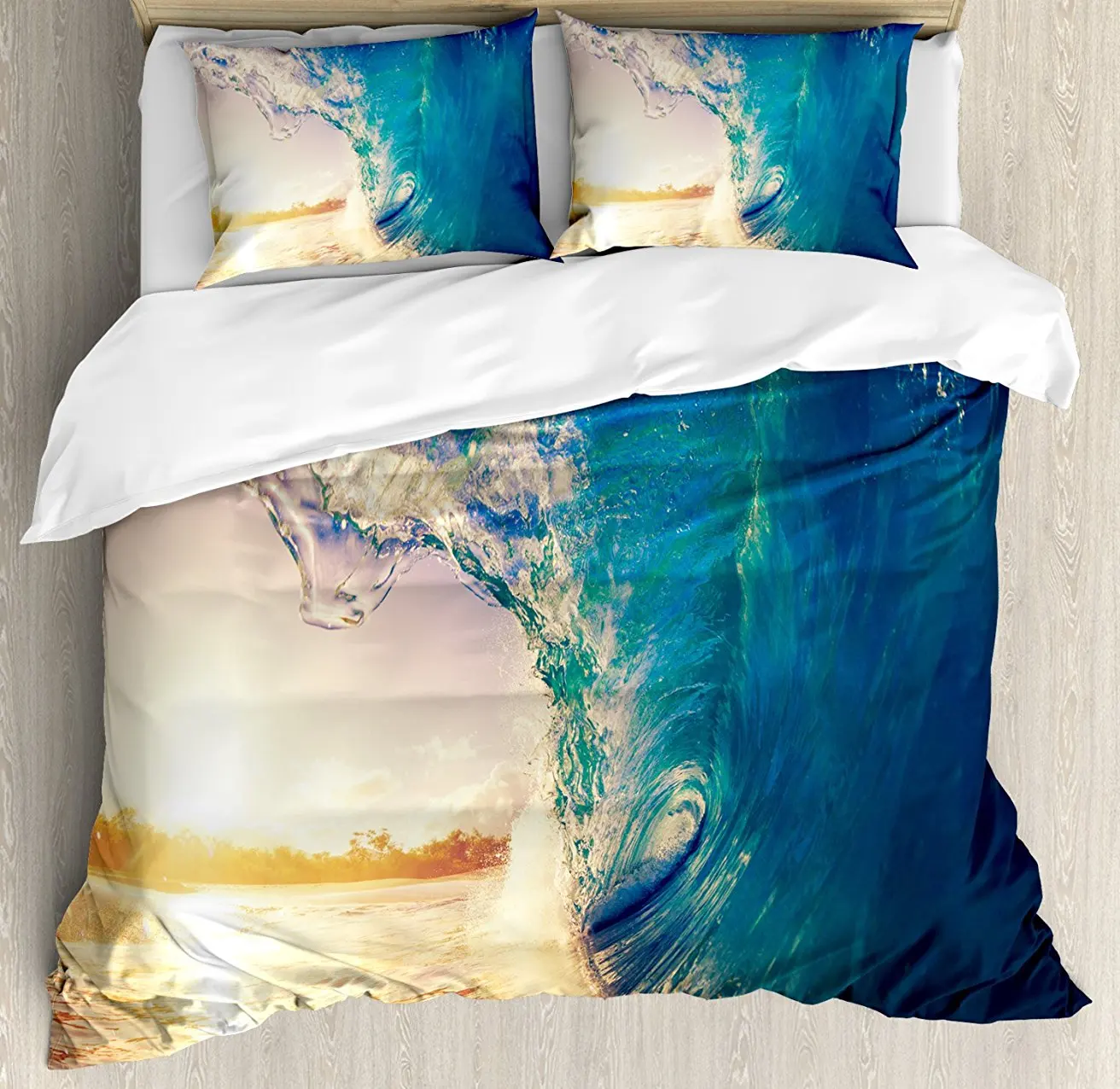 Duvet Cover Set Ocean Wave at Sunrise Reflection on Surface Tropical Trees Shoreline Summer Picture 4 Piece Bedding | Дом и сад