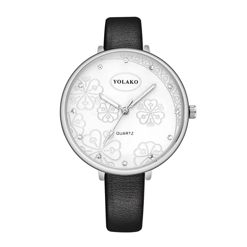 Women Flower Pattern Wristwatches Silver Dial Luxury Leather Rhinestone Quartz Watches Clock Clover Heart ZC Diamond YOLAKO Hour | Наручные