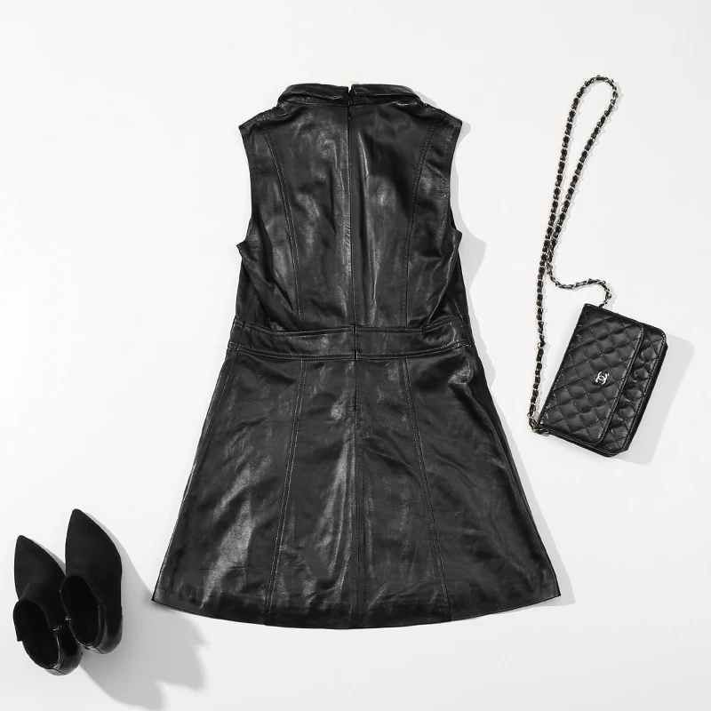 2019 Новое Осеннее женское платье из натуральной кожи офисное черное винтажное