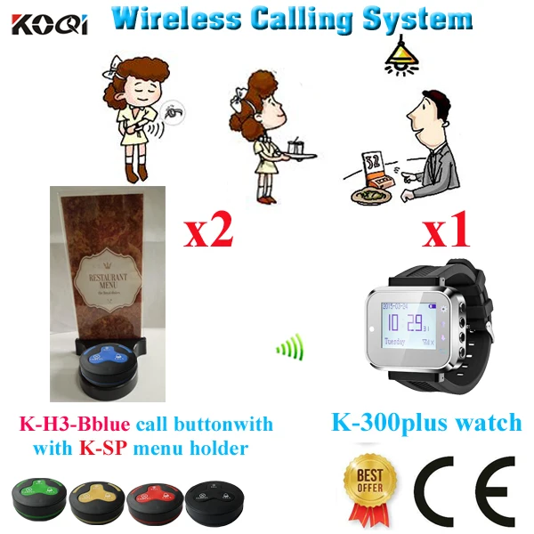 Wireless Calling Menu Holder System Fast Food Menu Holders Restaurant Wireless Pager Call Button(1 watch+2 button+2 menu holder)