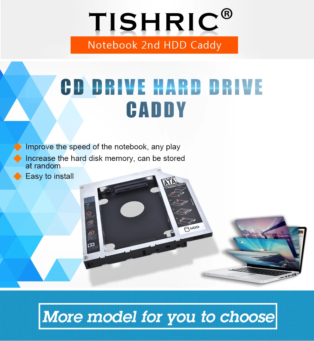 TISHRIC Новинка для CD ODD ноутбук Универсальный алюминиевый 2-ой HDD Caddy 12,7 мм SATA 3,0 для 2," DVD Box чехол Корпус Optibay