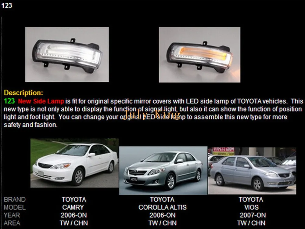July King светодиодный чехол для зеркала заднего вида для Toyota Camry Corolla Axio Auris Vios; Белый DRL+ боковые поворотники+ наземная лампа