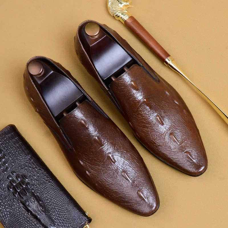 

Fashion Brand Crocodile Pattern Formal Shoes Men Slip On Pointed Toe Black Brown Casual Leather Shoes Plus Size 46