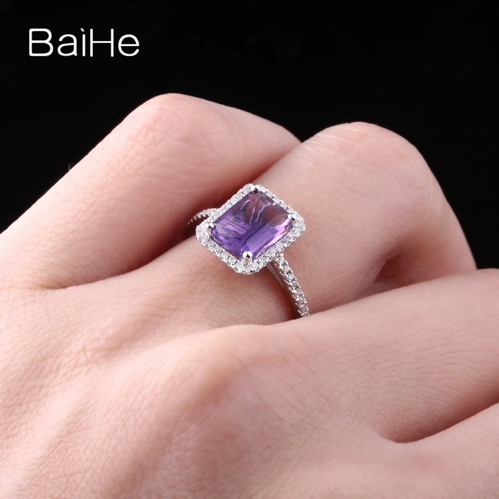 BAIHE твердое 10 к белое золото 1.9ct сертифицированное изумрудная огранка безупречное подлинное Помолвочное кольцо с аметистом женское модное Ювелирное кольцо