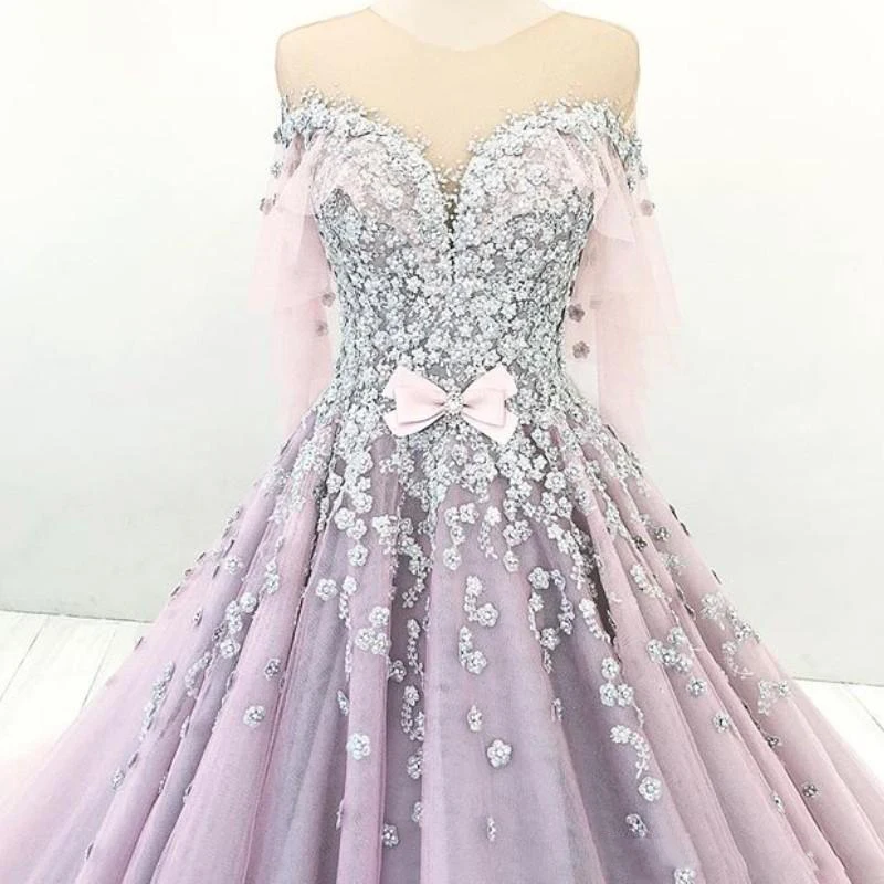 Романтическое дубайское платье принцессы для помолвки Воротник Sheer Jewel бант из бисера кружевное вечернее платье с аппликацией бальное платье Тюль платья для выпускного вечера
