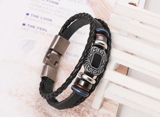 Punk Black Leather Charm Bracelets Vintage Anime Weave Beads Men's Iron Buckle Fashion Jewelry Bangles E18 |