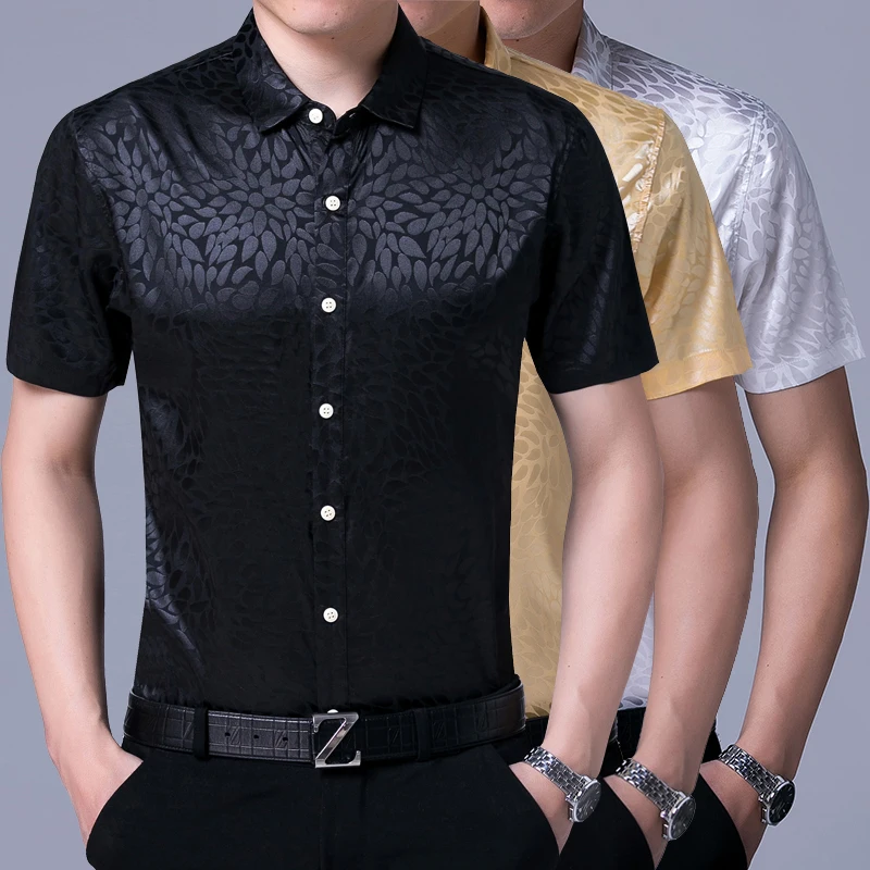 Рубашка мужская атласная с коротким рукавом шелковая сорочка в повседневном и