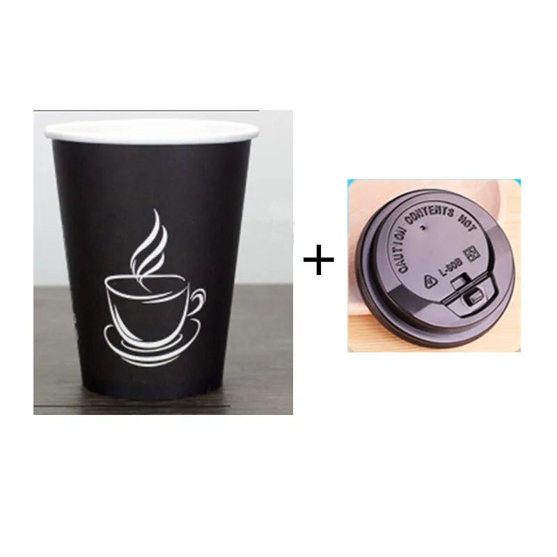 50pcs Creative black disposable coffee cup 250ml 400ml 500ml cold and hot drink beverage paper cups with lid takeaway package - Цвет: cup and lid