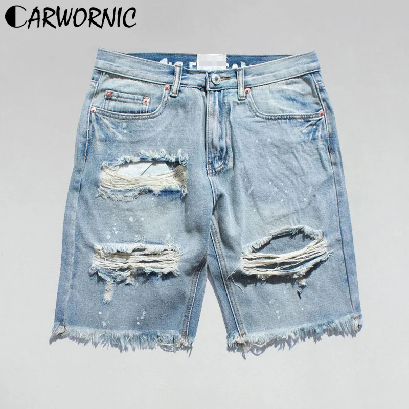 

CARWORNIC Summer Hole Jeans Short Men Ripped Distressed Destroyed Denim Streetwear Shorts Male Casual Blue Hip Hop Short Hipster