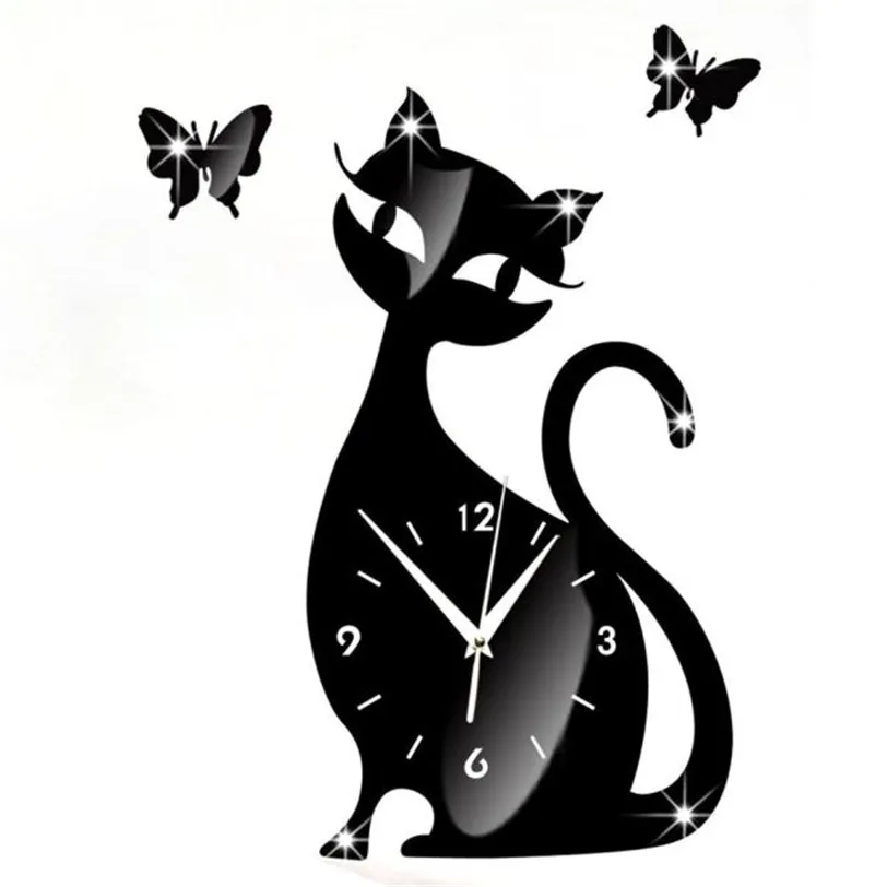 Зеркальные настенные часы с изображением бабочки милого кота современным