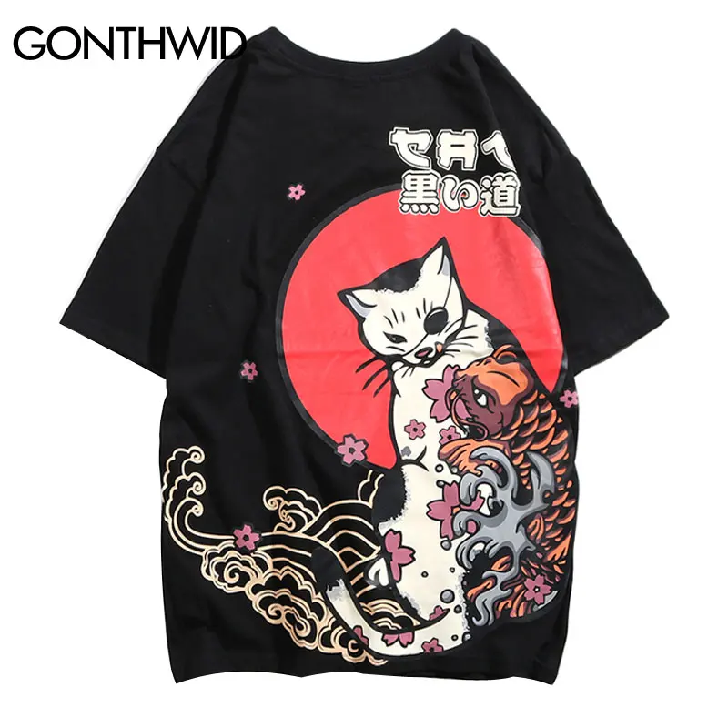 Футболки GONTHWID с принтом японского укийо кота 2019 летние уличные футболки коротким