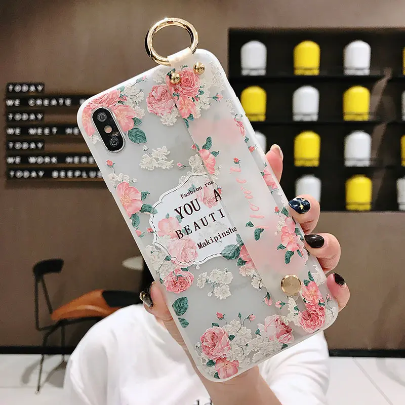 Pattern 7 Силиконовый чехол с цветами для iPhone XS Max XR X 10 браслет-держатель 3D рельефный чехол с рисунком для iPhone 6 S 6 S 8 7 Plus чехол для телефона - Цвет: Pattern 7