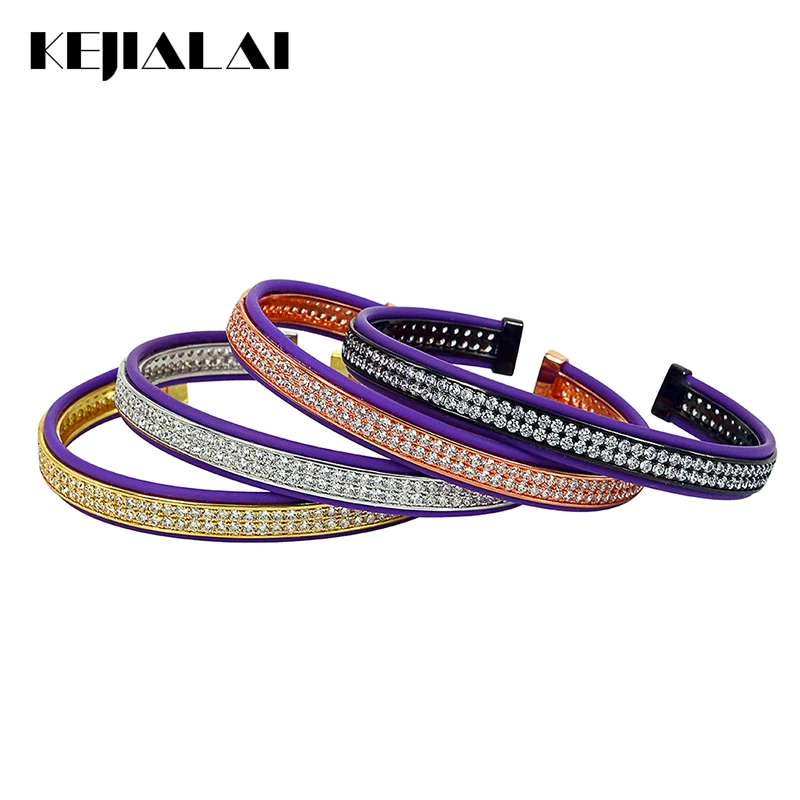 Hot Sale Genuine Leather Bracelets Men Bangle Purple Pave with Double Lines Clear Zircon Open Cuff for Women Punk Style | Украшения и