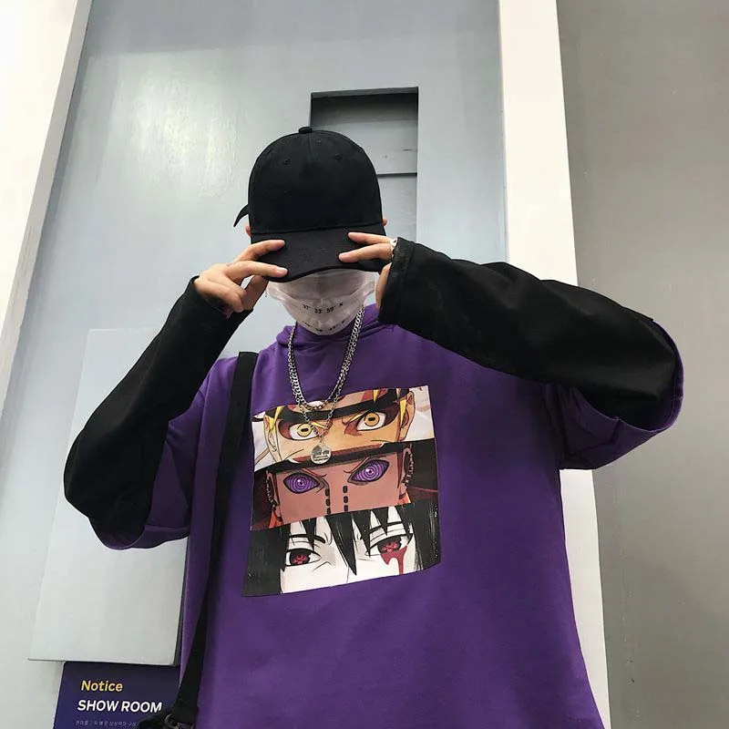 Фиолетовый NiceMix Harajuku Толстовка для женщин Лоскутные пуловеры поддельные 2 шт. принт японские комиксы унисекс Джемперы Pull Femme Джерси Mujer - Цвет: Фиолетовый