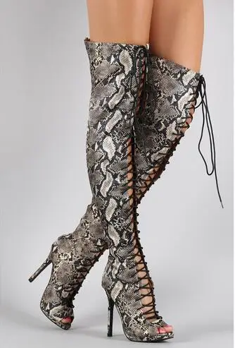 Пикантные высококачественные сапоги выше колена на шнуровке с принтом женские