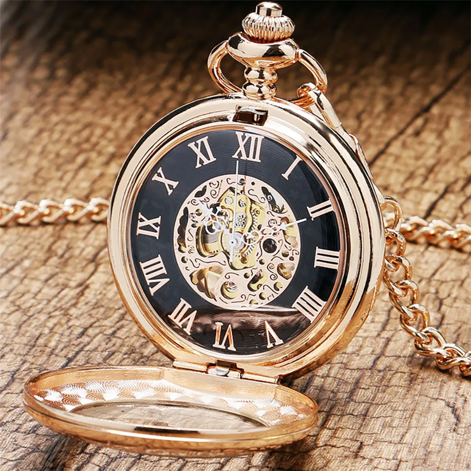Antique Rose Gold Transparent Glass Roman Numerals Mechanical Hand Wind Pocket Watch Souvenir Pendant Clock Gifts Men Women