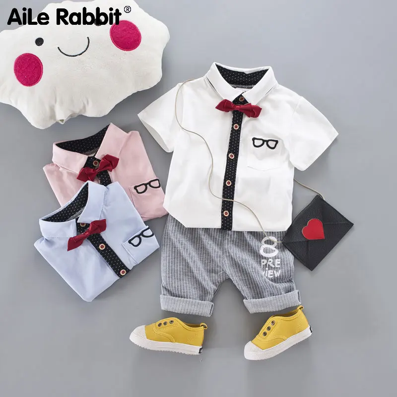 AiLe Rabbit 2018 Summer New Cotton Infant Summer Suit Boy Cardigan Bow Short Sleeve Striped Pants Children's Set