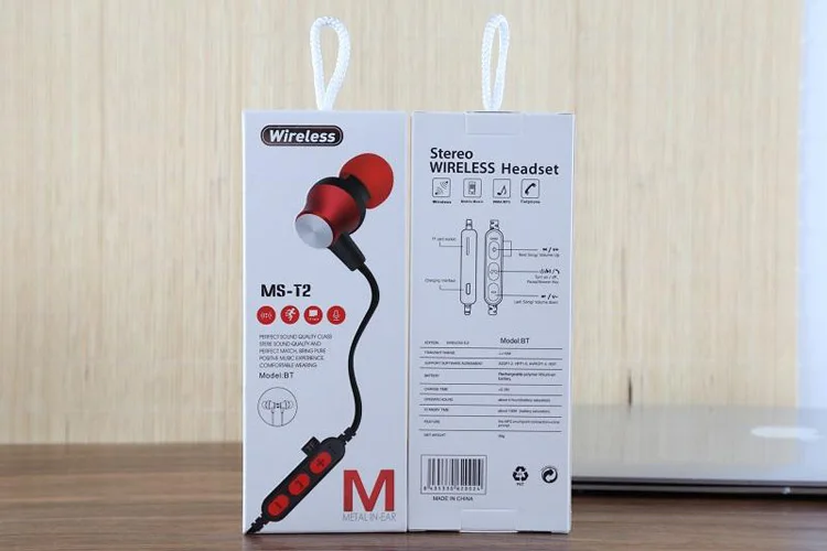 30 шт./лот, MS-T2, магнитные Bluetooth спортивные наушники, беспроводная гарнитура для бега с микрофоном, MP3, наушники, бас стерео, BT 4,2, для iphone 6, 7