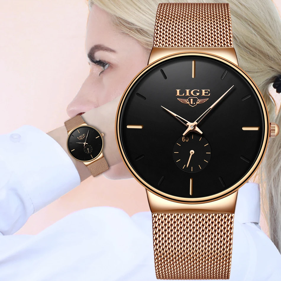 Женские кварцевые часы LIGE ультратонкие водонепроницаемые из нержавеющей стали с