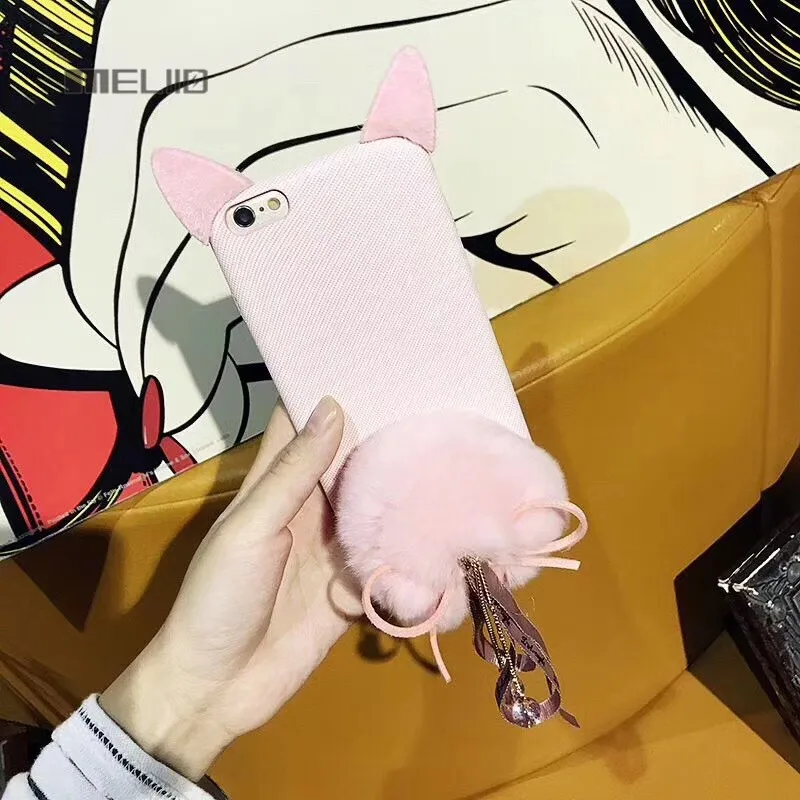 Luxury Fox Fur Ball Phone Case For iPhone 6 6S Plus 6Plus Cut Cat Ear Cartoon Girl Winter |