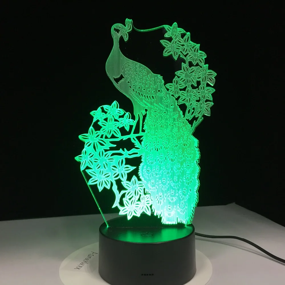 Новый элегантный 3D ночник Launch в виде павлина сенсорная Настольная лампа с USB для